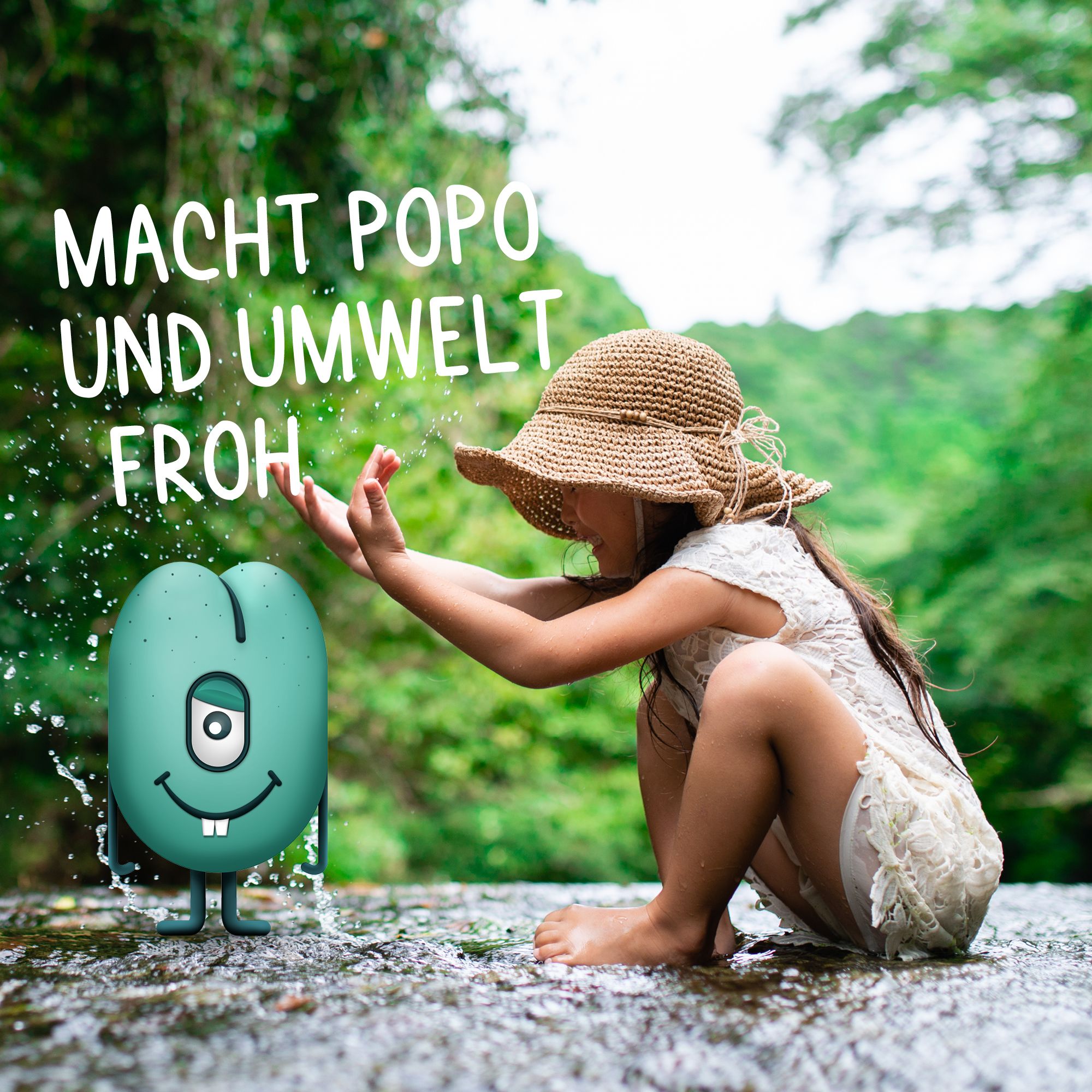 Kind spielt mit Wasser. Text: Macht Popo und Umwelt froh.