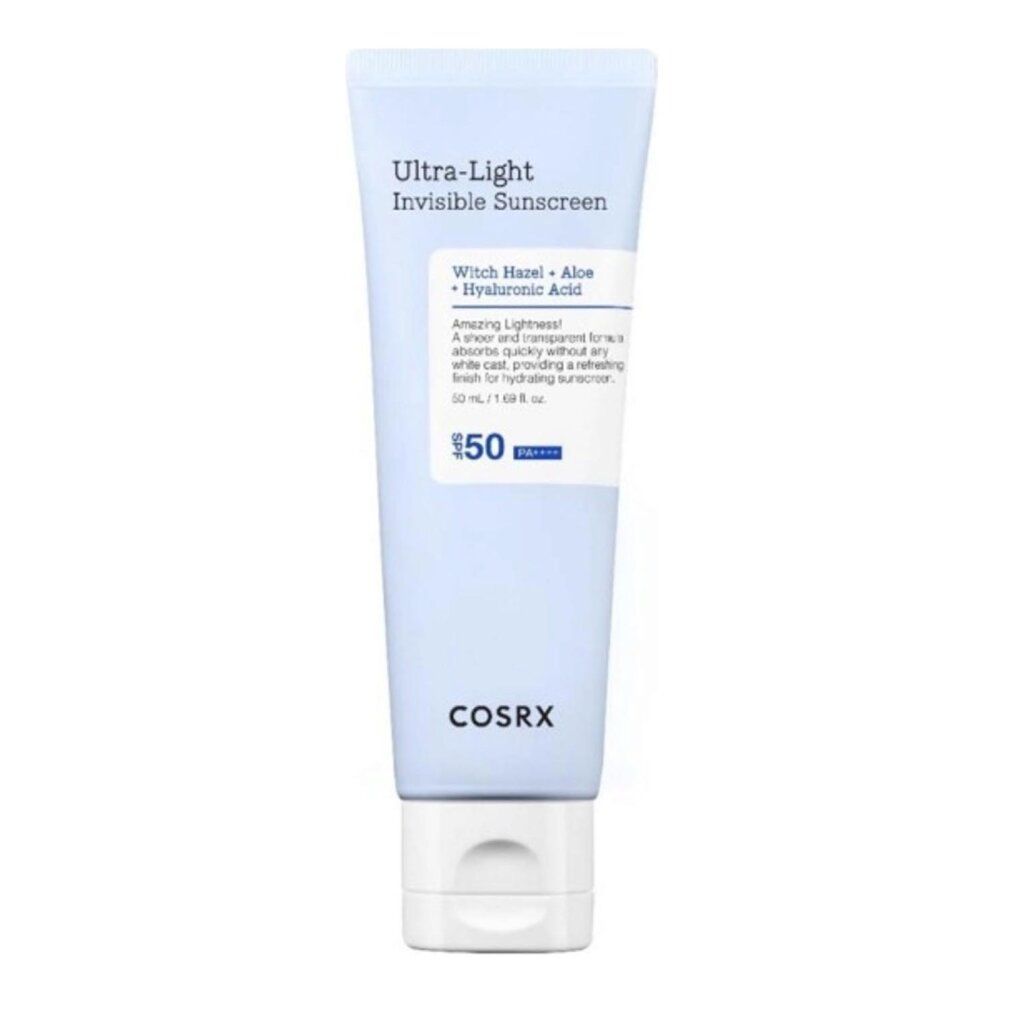 COSRX Ultra Light Invisible Sunscreen Tube mit SPF50+ und PA++++. Enthält Witch Hazel, Aloe und Hyaluronsäure.