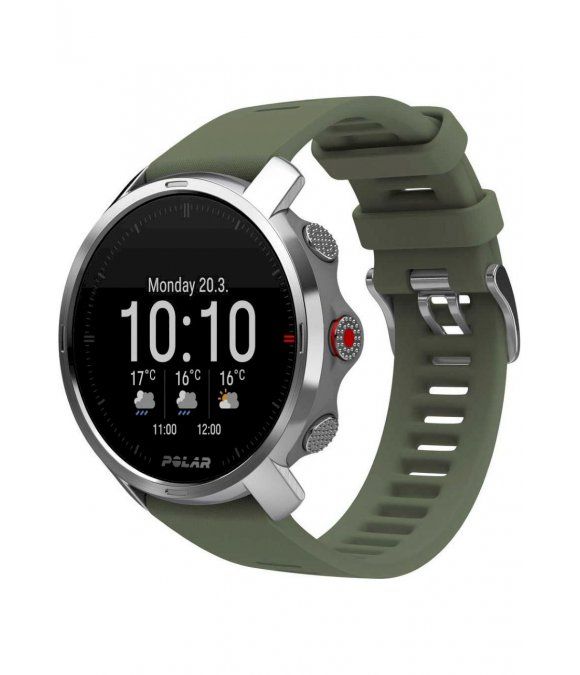 Grüne Smartwatch mit rundem Zifferblatt. Zeigt Uhrzeit, Datum und Wetter. Silberfarbenes Gehäuse und grünes Armband.