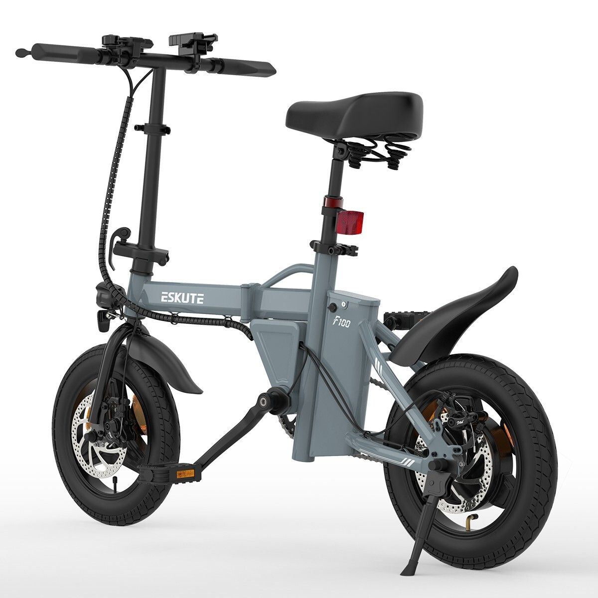 Graue, zusammenklappbare E-Bike. Schwarze Reifen, Sattel und Lenker. Marke ESKUTE, Modell F100. Rücklicht.