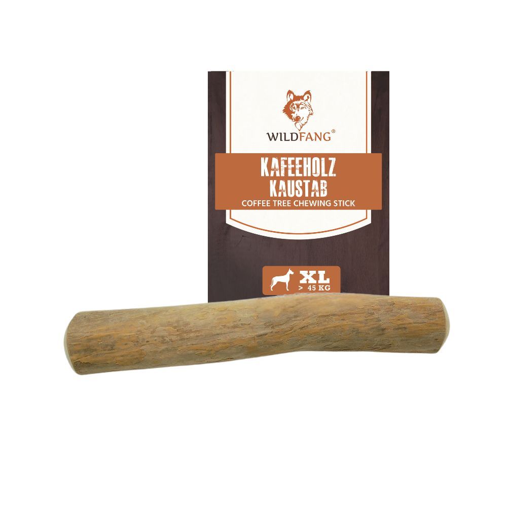 Kaffeeholz-Kaustab, XL, aus Holz. Verpackung mit Logo und Produktbezeichnung.  Produkt für Hunde.
