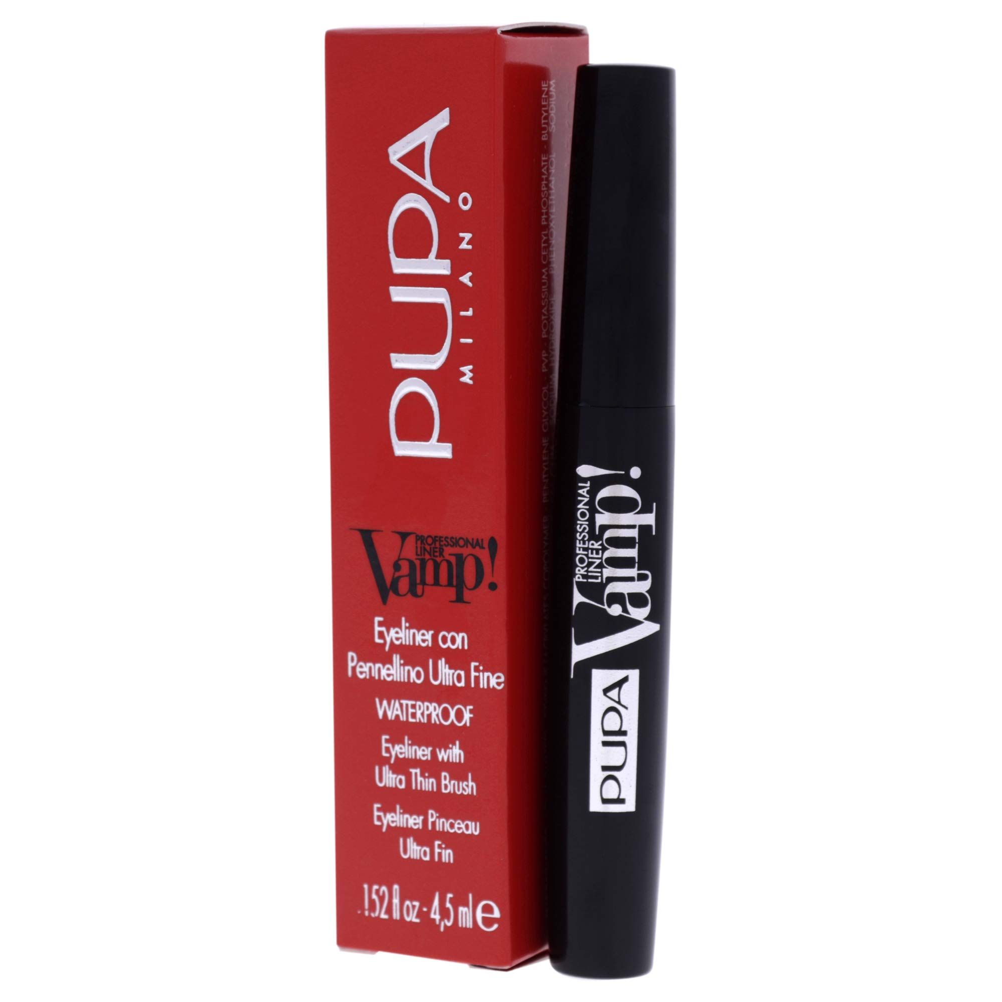 Schwarzer Eyeliner mit roter Verpackung. Auf der Verpackung steht Pupa Milano, Vamp! und Waterproof. Der Eyeliner hat einen feinen Pinsel.