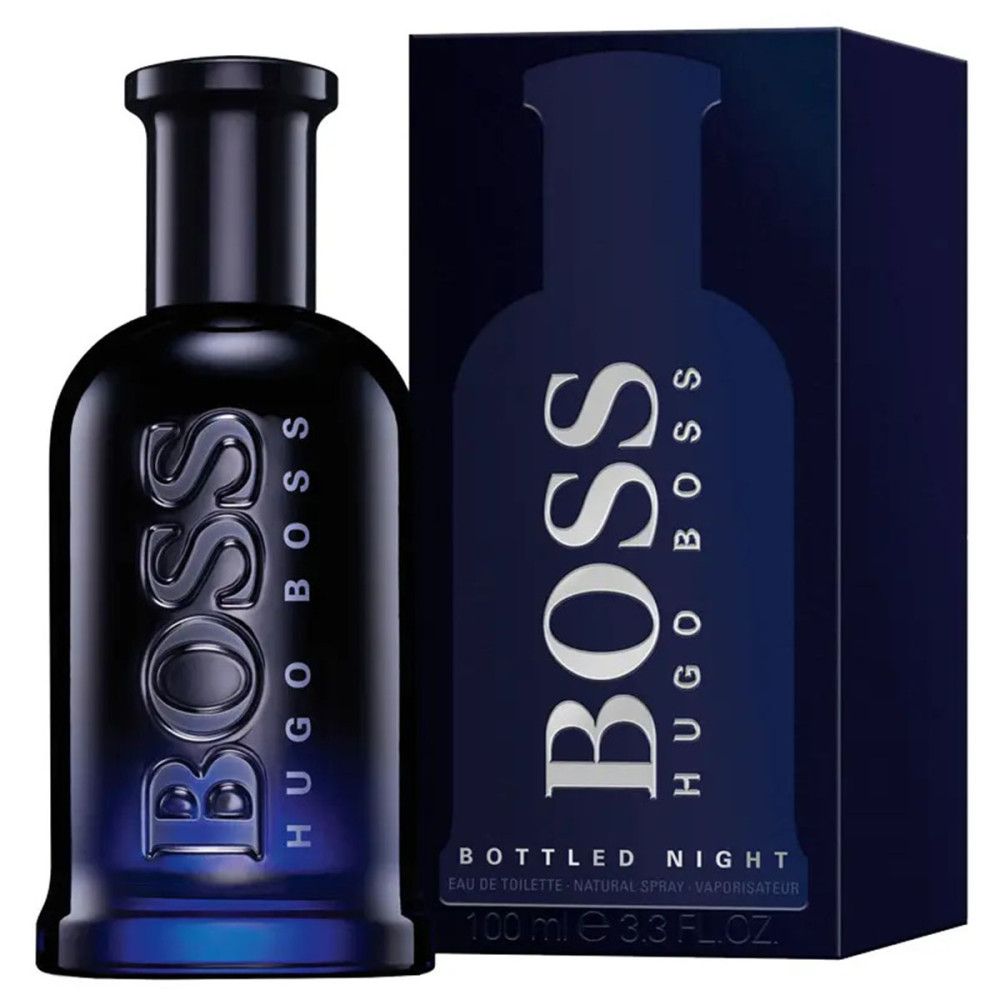 Dunkelblaue Flasche und Box. BOSS HUGO BOSS-Logo. "BOTTLED NIGHT" Text. Eau de Toilette Spray.