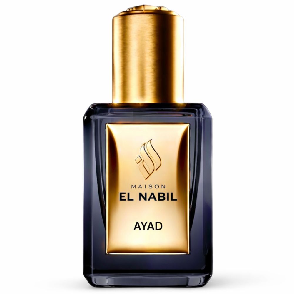Dunkelblaue Parfümflasche mit goldfarbenem Verschluss und Etikett. Aufschrift: EL NABIL AYAD.