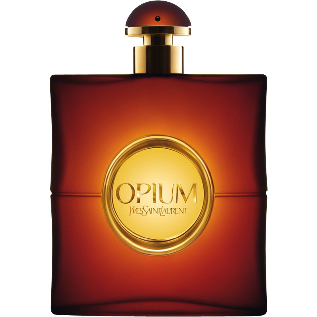 Dunkelroter Flakon mit goldenem Verschluss. Auf dem Flakon steht "Opium" und "Yves Saint Laurent".