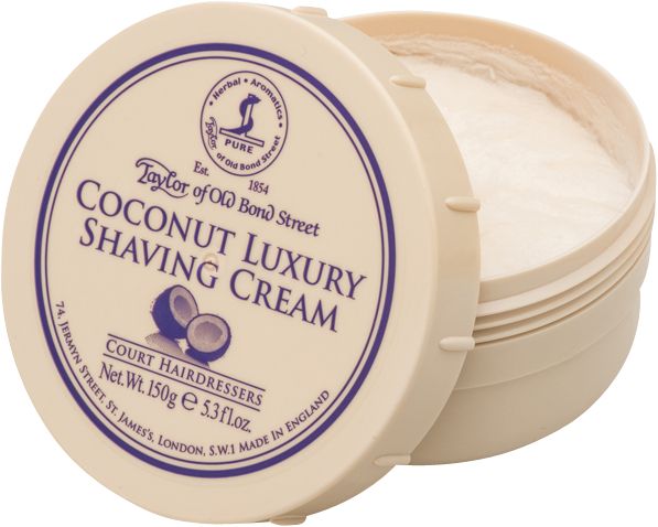 Beige Dose mit offenem Deckel. Aufschrift: Coconut Luxury Shaving Cream. Blaue Umrandung mit Logo und Text.