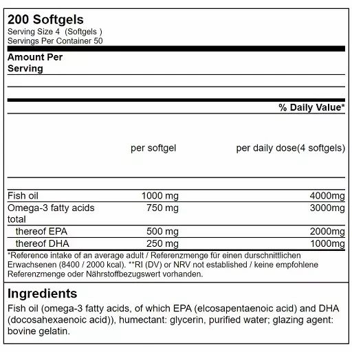 Nährwerttabelle mit Angaben zu Fischöl, Omega-3-Fettsäuren, EPA und DHA. Enthält 200 Softgels.