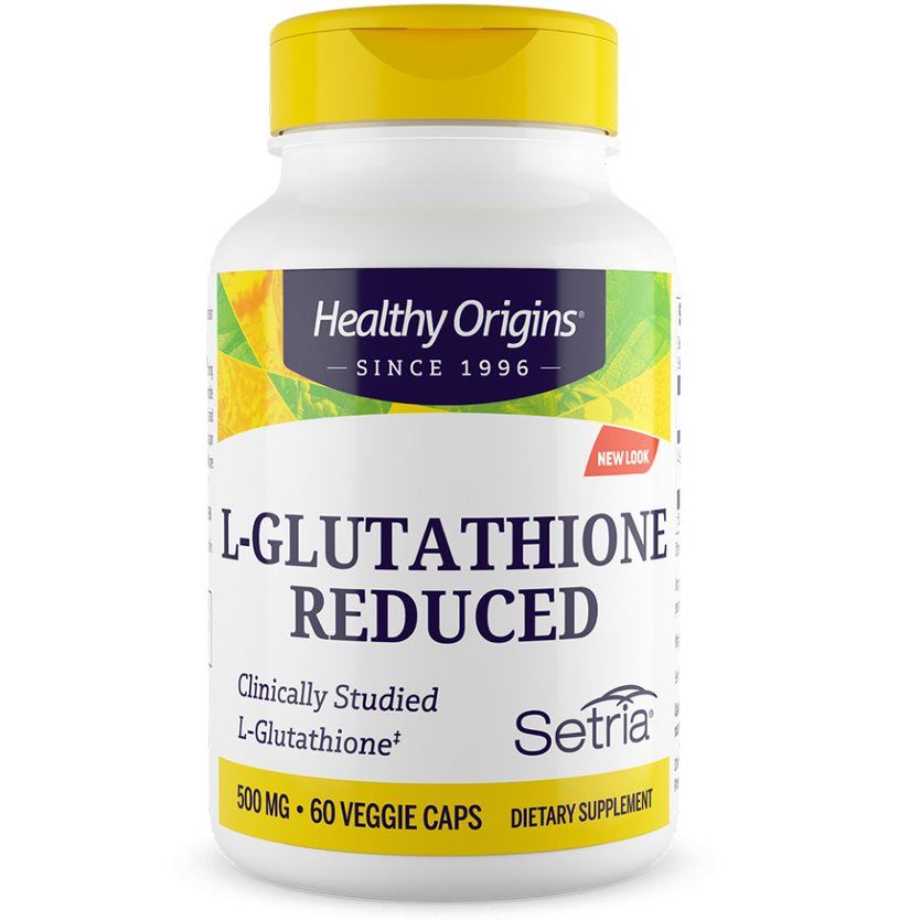 Weiße Flasche mit gelbem Deckel. Aufschrift: L-Glutathion Reduced, 60 Veggie Caps, Dietary Supplement. Marke: Healthy Origins.