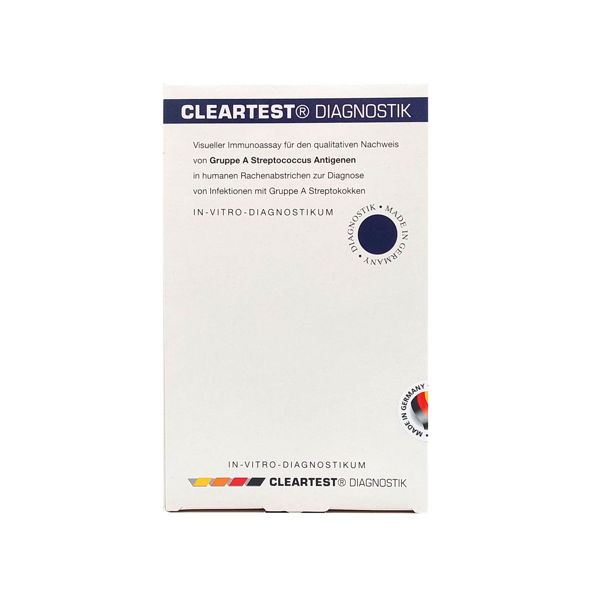 Weiße Verpackung mit blauer Kreisgrafik und Aufschrift CLEARTEST® DIAGNOSTIK. Text in Deutsch. In-vitro-Diagnostikum.