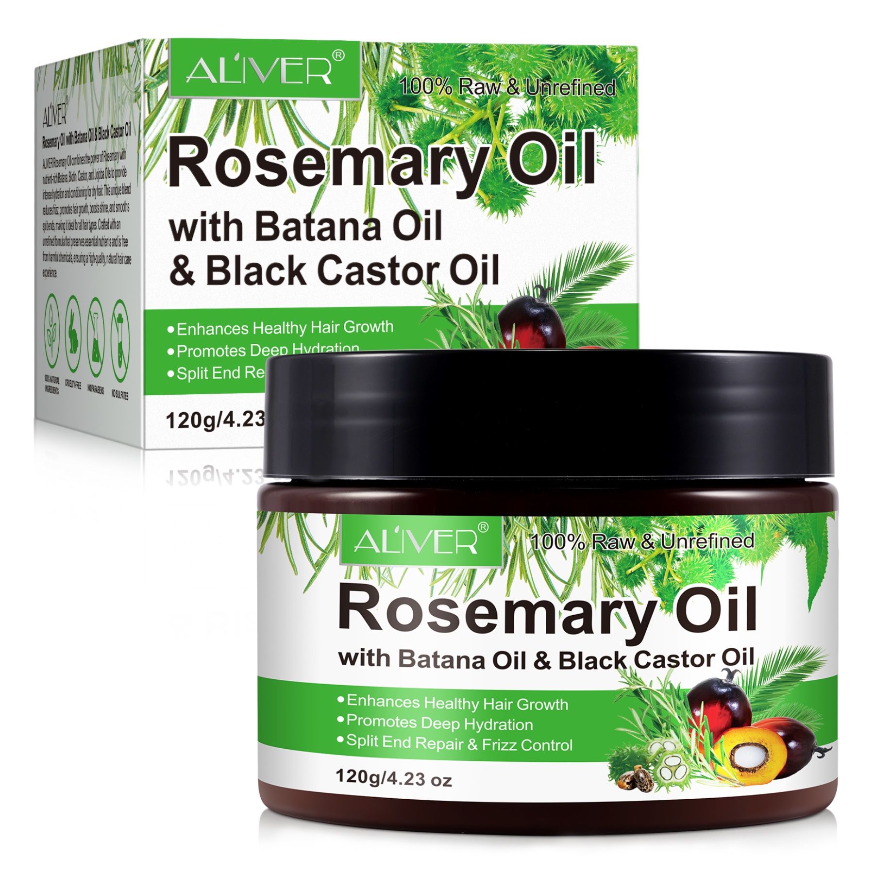 ALIVER Rosemary Oil mit Batana & Black Castor Oil. Braune Dose und Verpackung. Enthält 120g/4.23 oz.