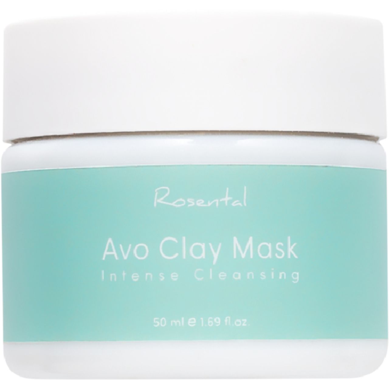 Weißer Tiegel mit türkisfarbenem Etikett. Aufschrift: Rosental Avo Clay Mask, Intense Cleansing. Volumenangabe.