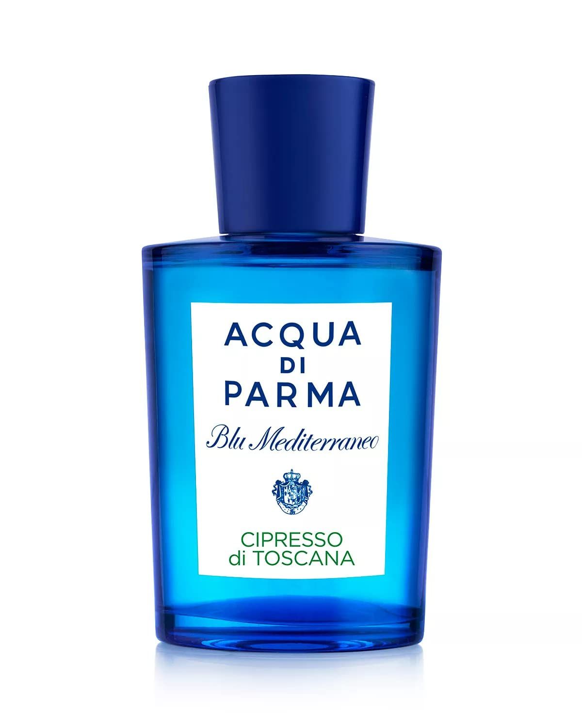 Blaues Parfümflakon mit weißem Etikett. Aufschrift: Acqua di Parma Blu Mediterraneo Cipresso di Toscana.