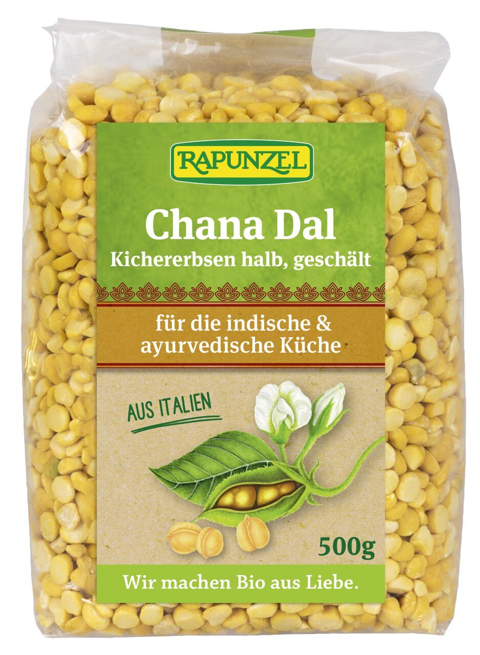 Rapunzel Chana Dal: halbierte, geschälte Kichererbsen in Packung, 500g.