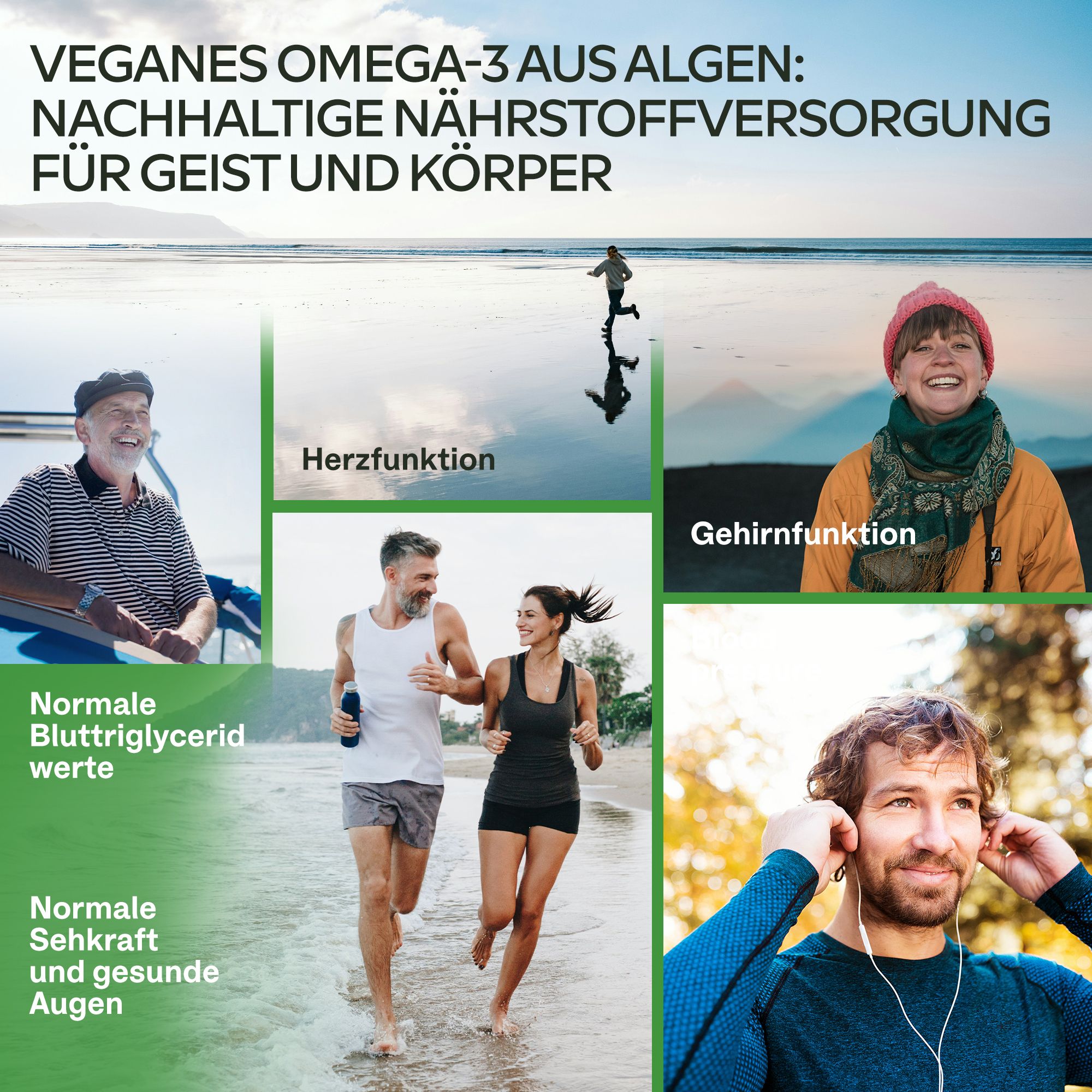 Menschen in Bewegung. Vegan Omega-3 aus Algen. Herzfunktion, Gehirnfunktion, gesunde Augen, Triglyceride.