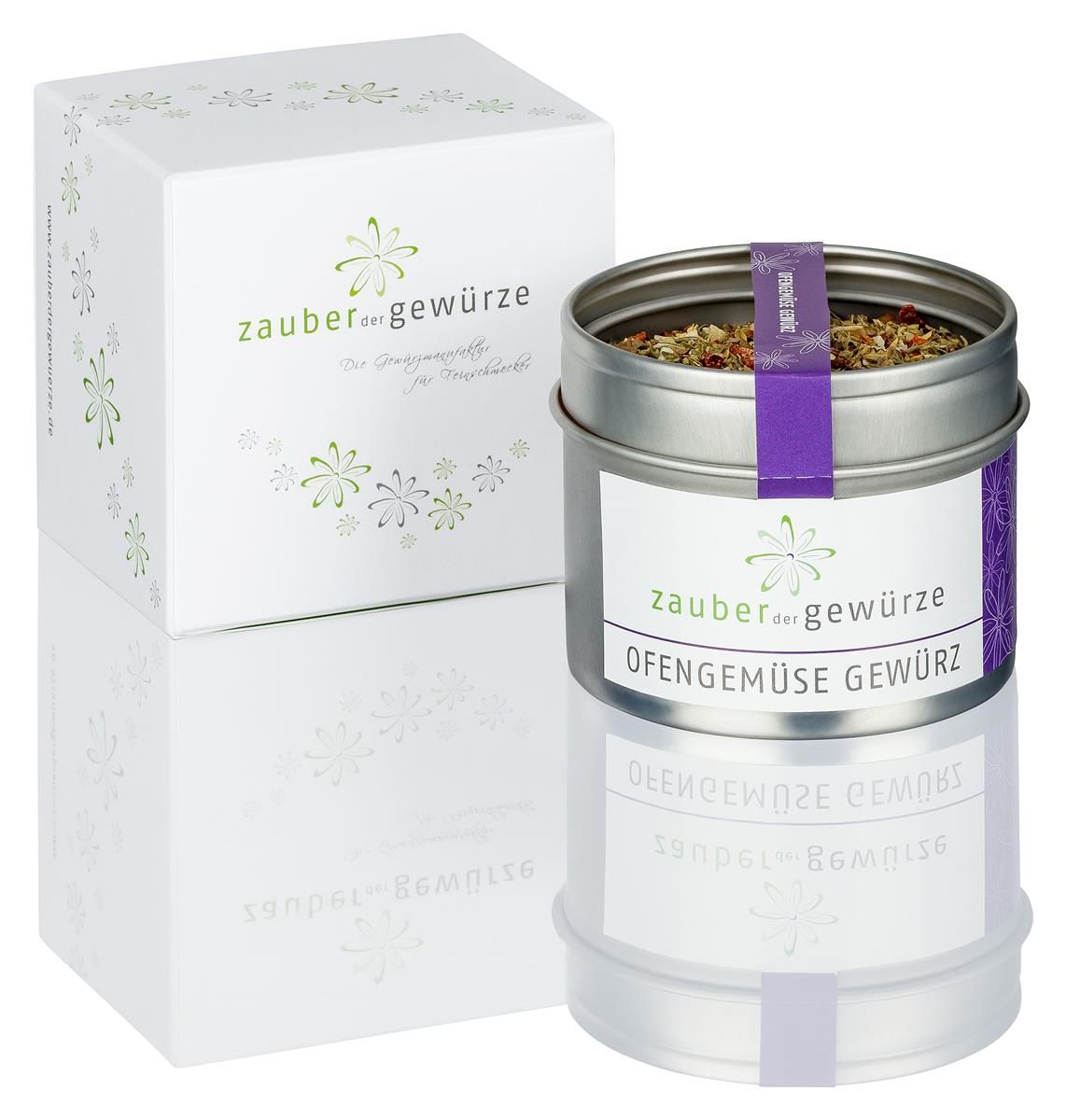 Gewürz-Geschenkbox mit Dose. Dose mit Ofengemüse Gewürz. Weiße Box mit Logo und Blumenmuster. Lila Aufkleber auf Dose.
