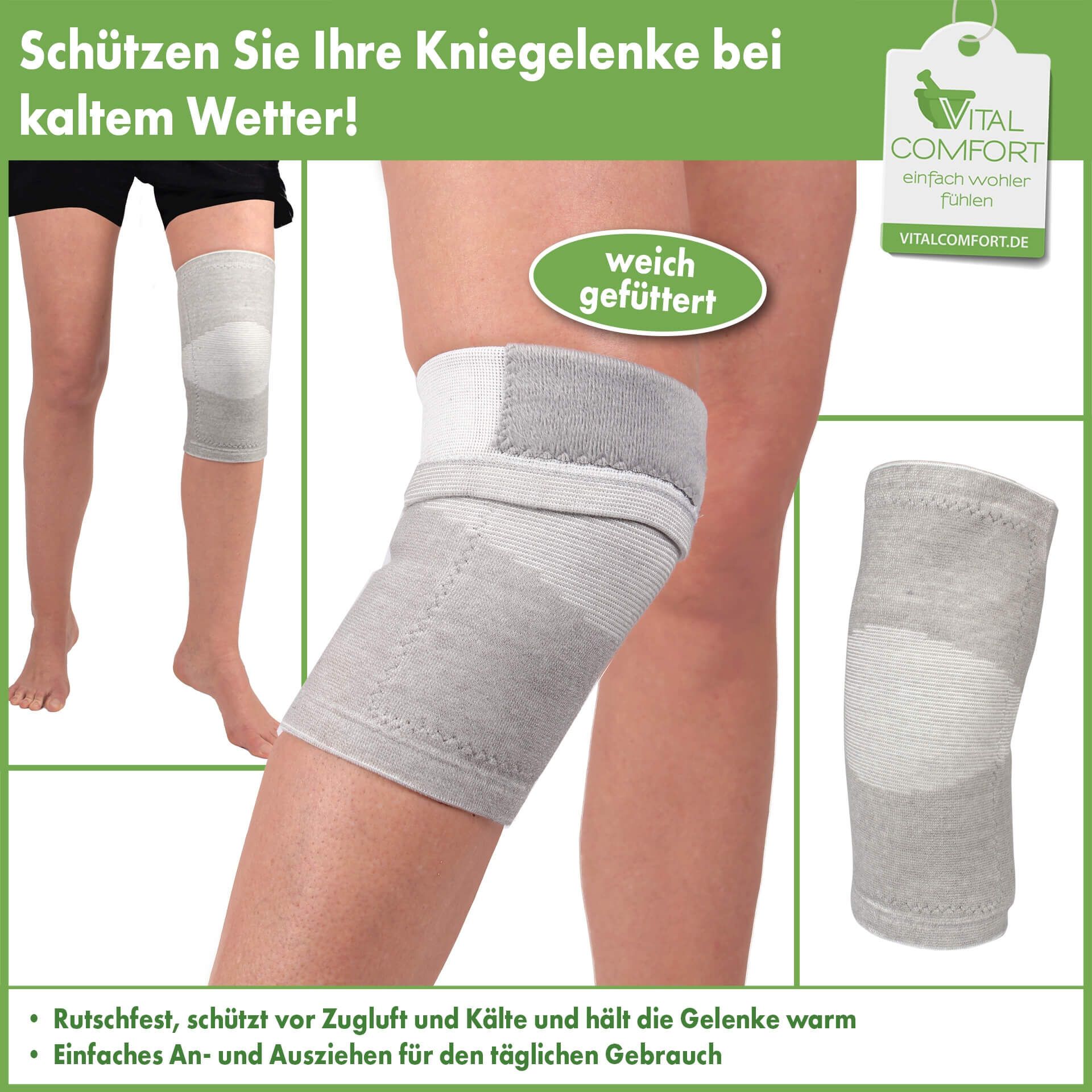 Knie-Wärmer, grau, am Bein einer Person. Produktabbildung mit Label 'Vital Comfort'. Text: 'weich gefüttert'.