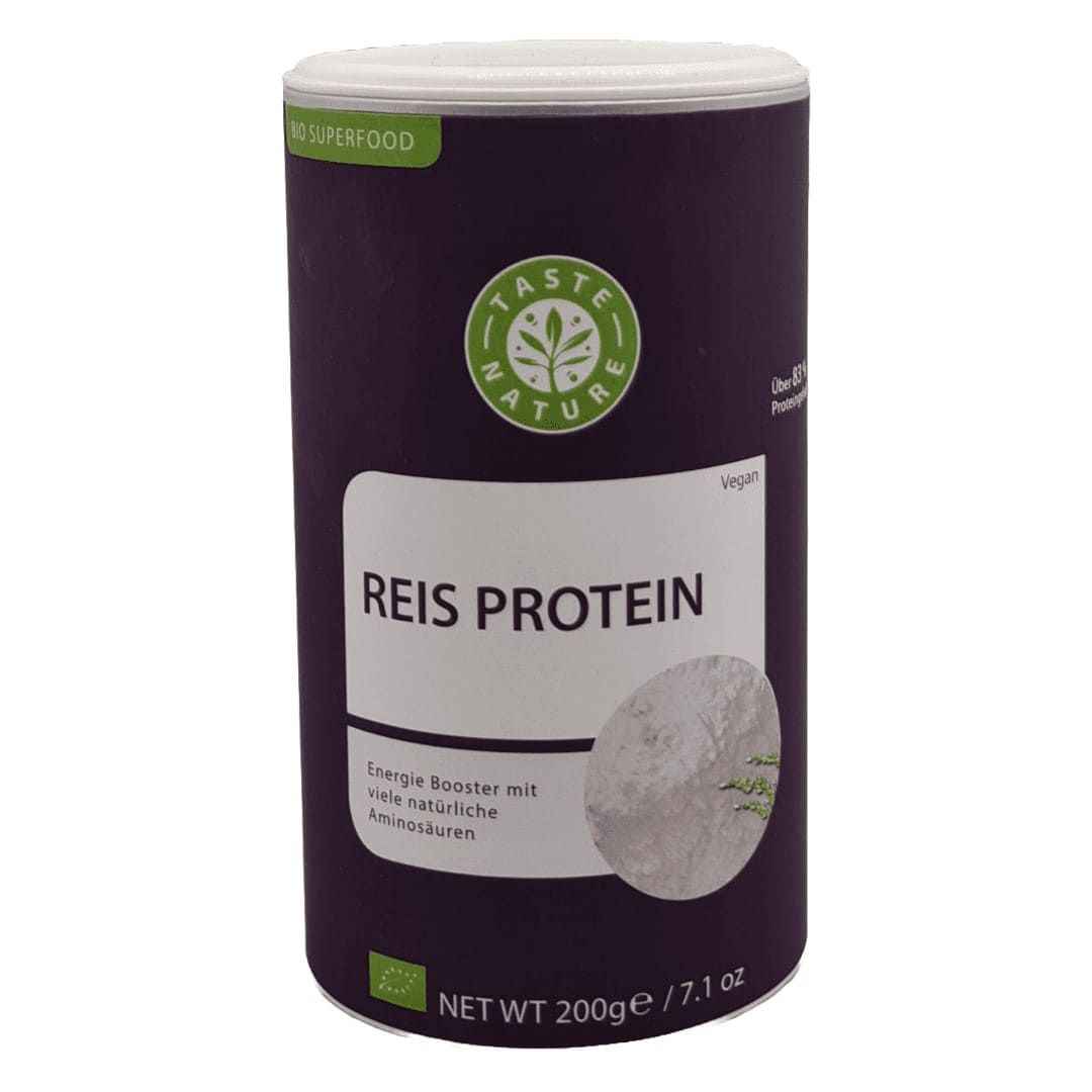 Zylindrische Dose mit weißem Deckel. Aufschrift: REIS PROTEIN. Logo mit Blättern. Text: Energie Booster mit Aminosäuren. Netto 200g/7.1 oz.