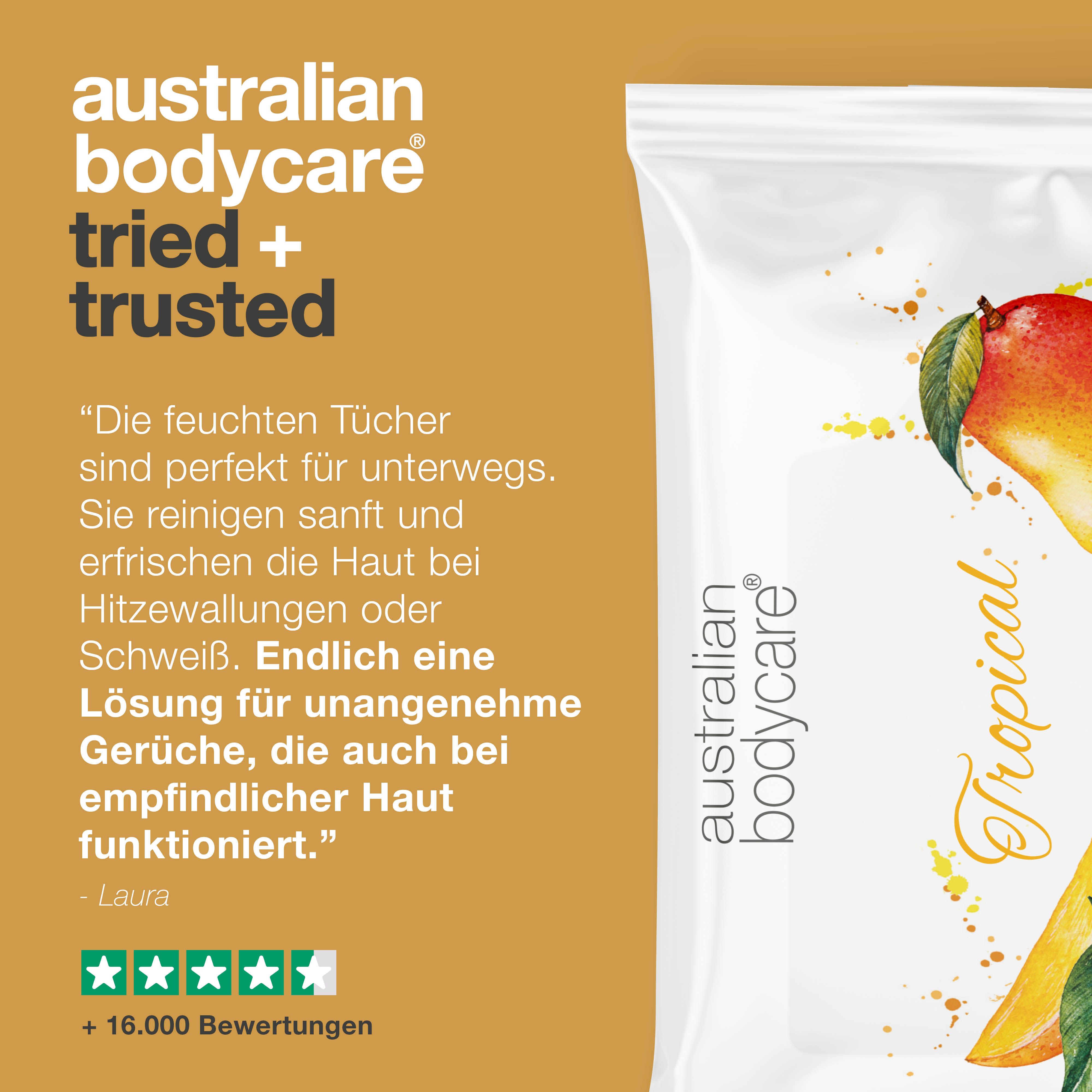 Feuchttuch-Verpackung. Text: Die feuchten Tücher sind perfekt für unterwegs. Reinigen sanft und erfrischen.