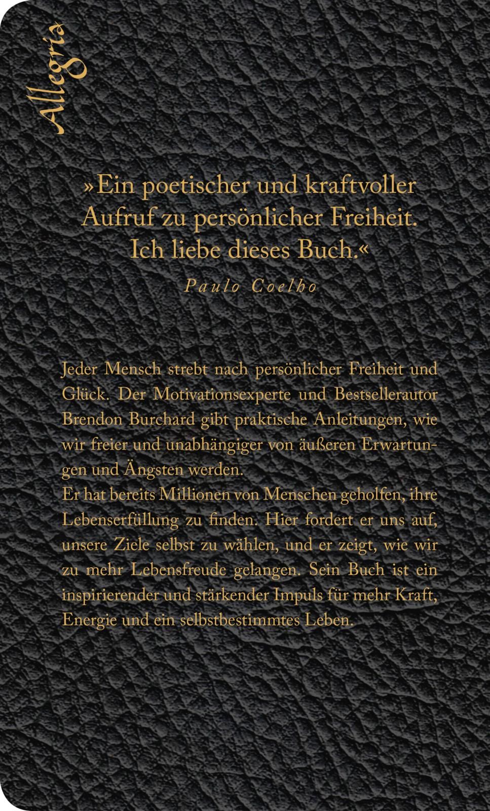 Rückseite eines Buches mit schwarzem, lederartigem Einband. Text in goldener Schrift. Zitat von Paulo Coelho. Allegro-Logo.