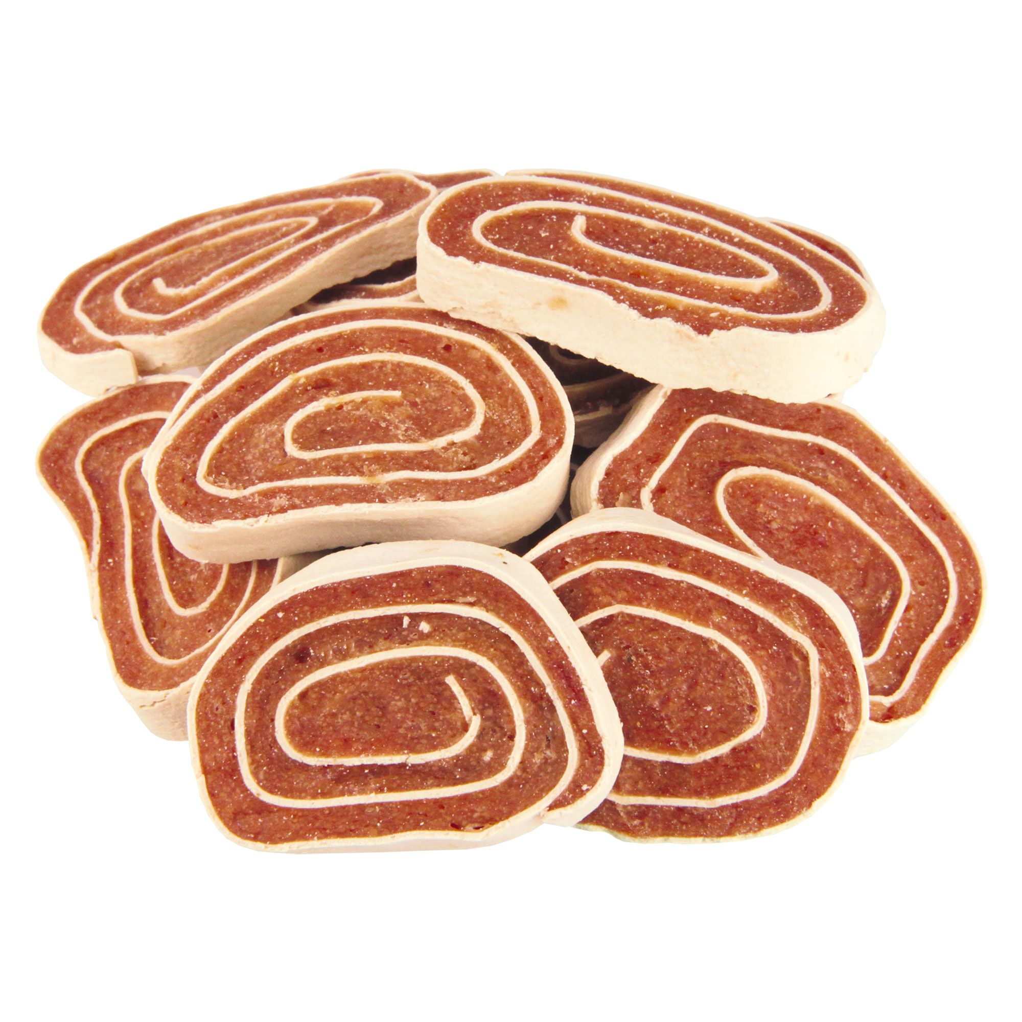 Hundesnack-Rouladen, spiralförmig aufgeschnitten. Fleischfarbenes Innere, weißer Rand. Mehrere Stücke liegen auf weißem Grund.