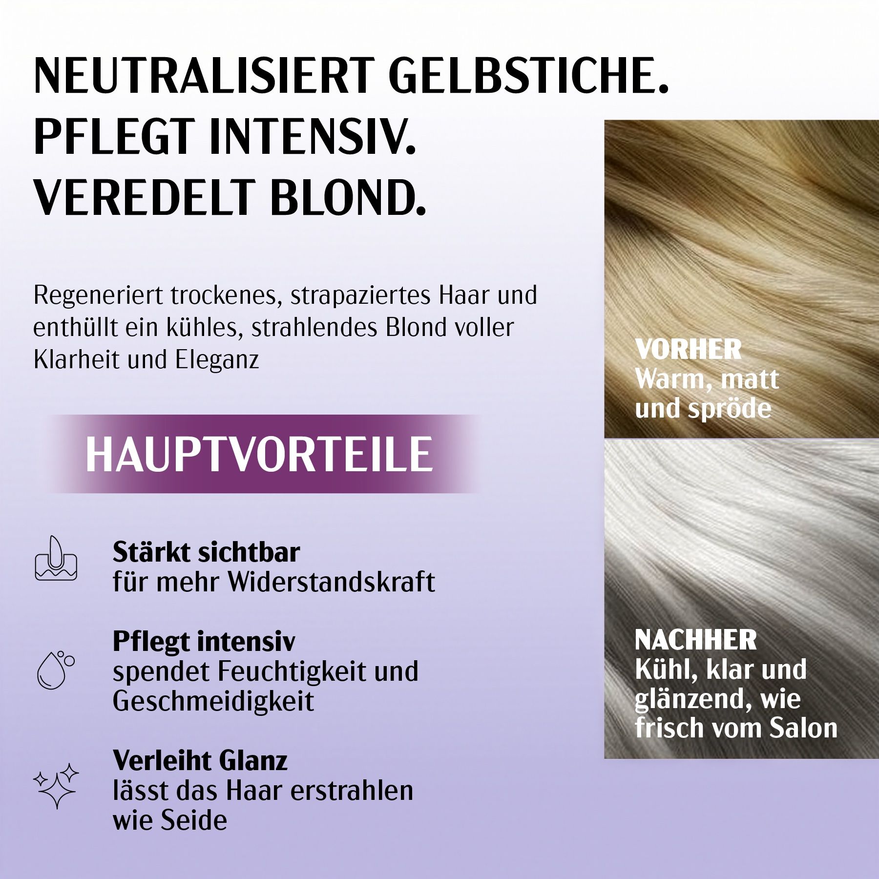 Karseell Haarmaske Purple. Produktverpackung mit Text und Vergleichsbildern. Text: Neutralisiert Gelbstiche.