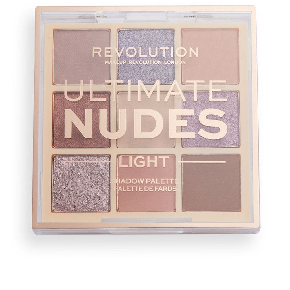 Lidschatten-Palette mit neun Farbtönen. Aufschrift: REVOLUTION, ULTIMATE NUDES LIGHT, SHADOW PALETTE. Quadratische Verpackung.