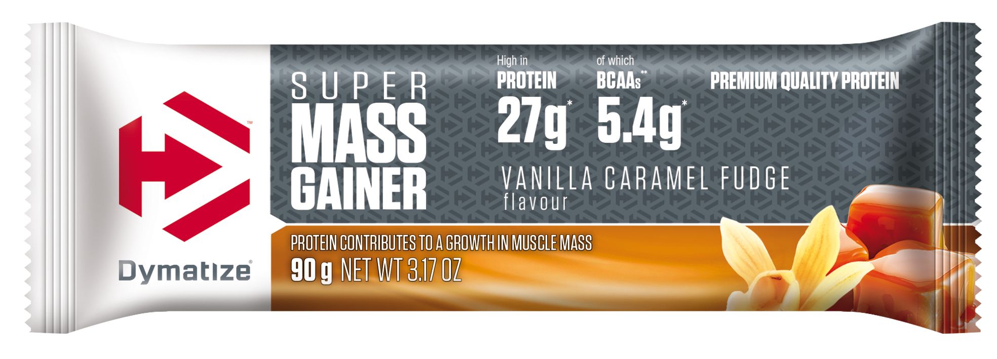 Mass Gainer Bar Dymatize. Einzelne Riegelverpackung. Enthält Informationen zu Protein, BCAA und Kalorien. Geschmack: Vanille Caramel Fudge.