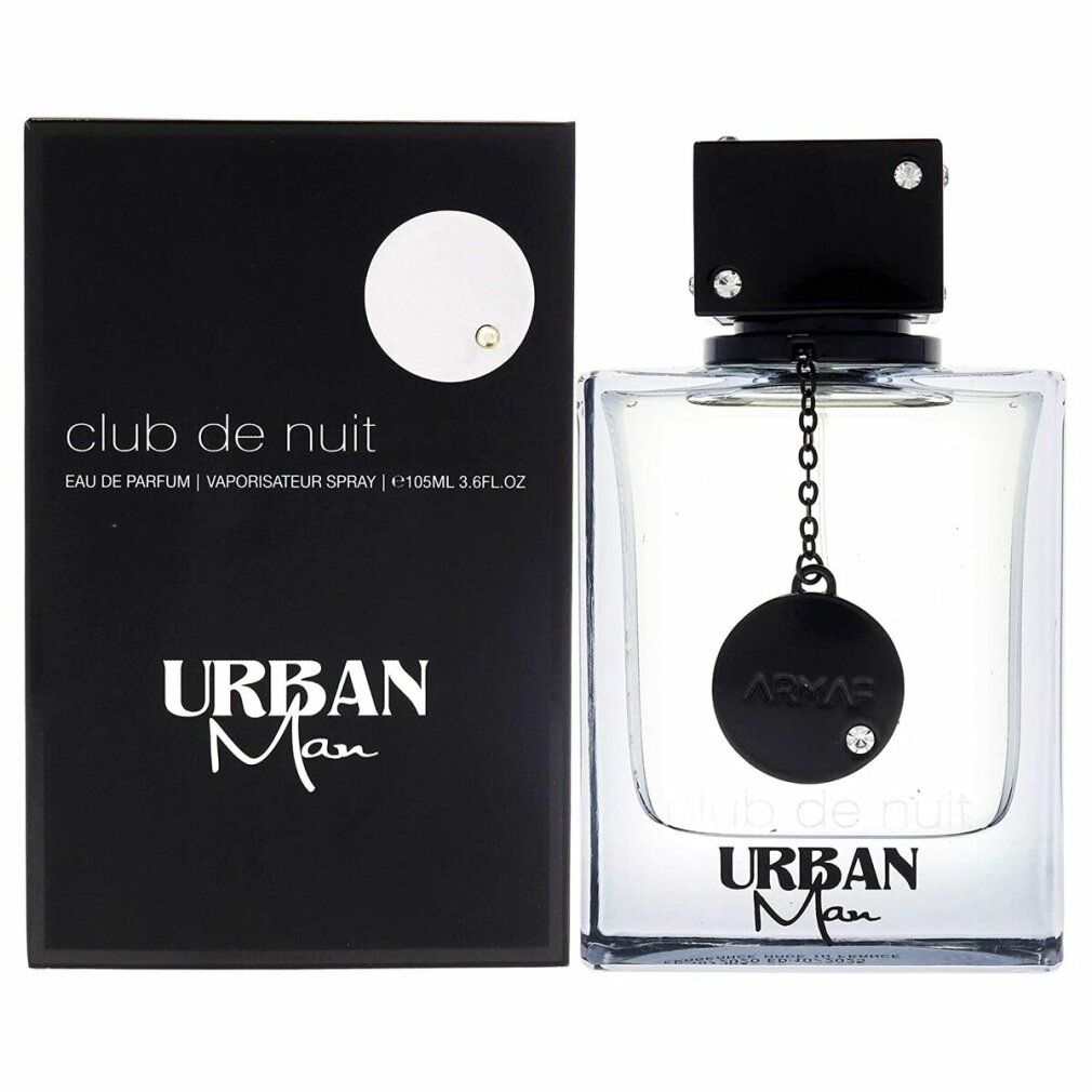 Schwarzer Karton und Flakon. Flakon mit schwarzem Verschluss und Kette. Aufschrift: Club de Nuit, Urban Man.