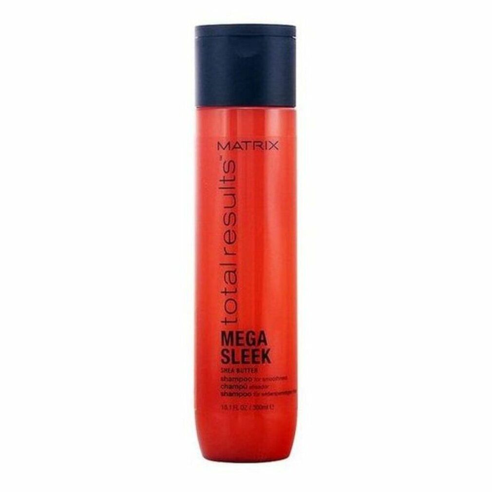 Rote Shampoo-Flasche mit schwarzem Deckel. Aufschrift: Matrix Total Results Mega Sleek.