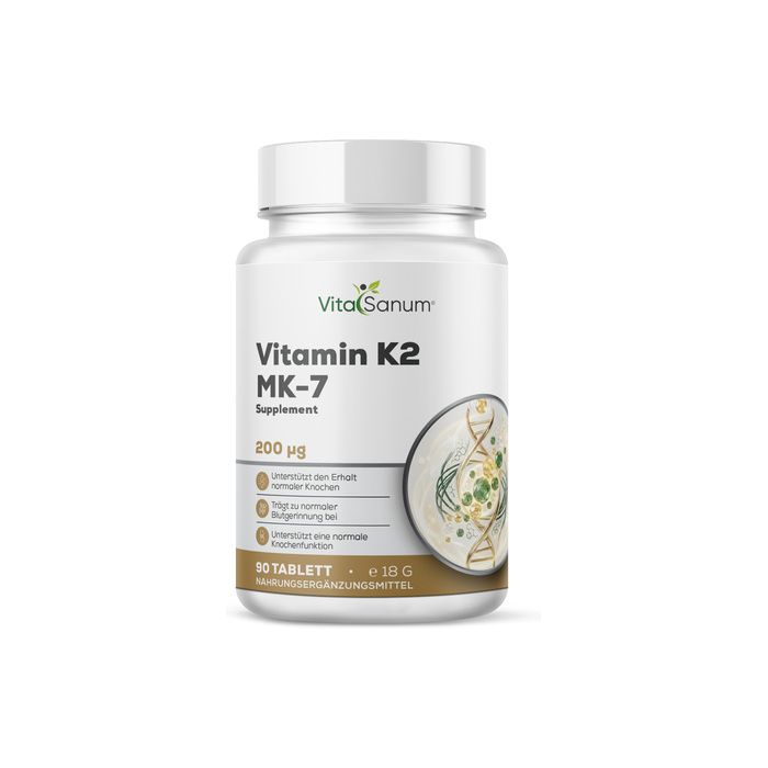 VitaSanum Vitamin K2 MK-7 Supplement Flasche mit 90 Tabletten, 200 µg. Mit Abbildung einer DNA-Helix und Text zu Knochenfunktion.