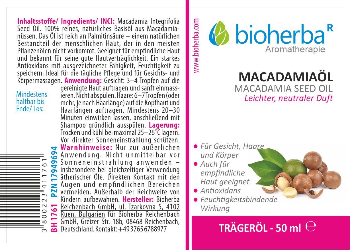 Bioherba Macadamiaöl Macadamia Seed Oil Leichter, Neutraler Duft