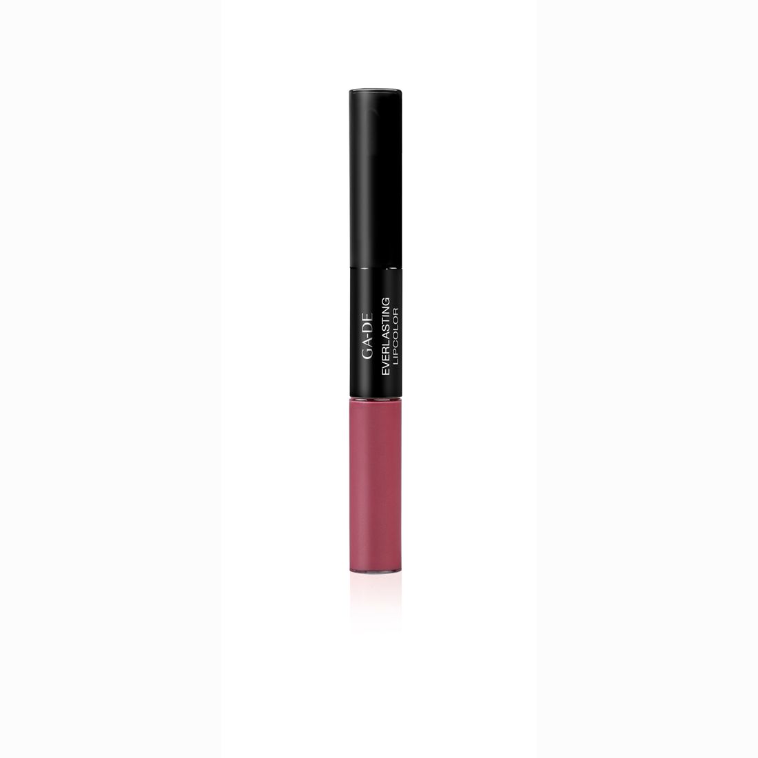 Doppel-Lippenstift mit schwarzem Deckel und rosafarbenem Lippenstift. Aufschrift: GA-DE Everlasting Lipcolor.