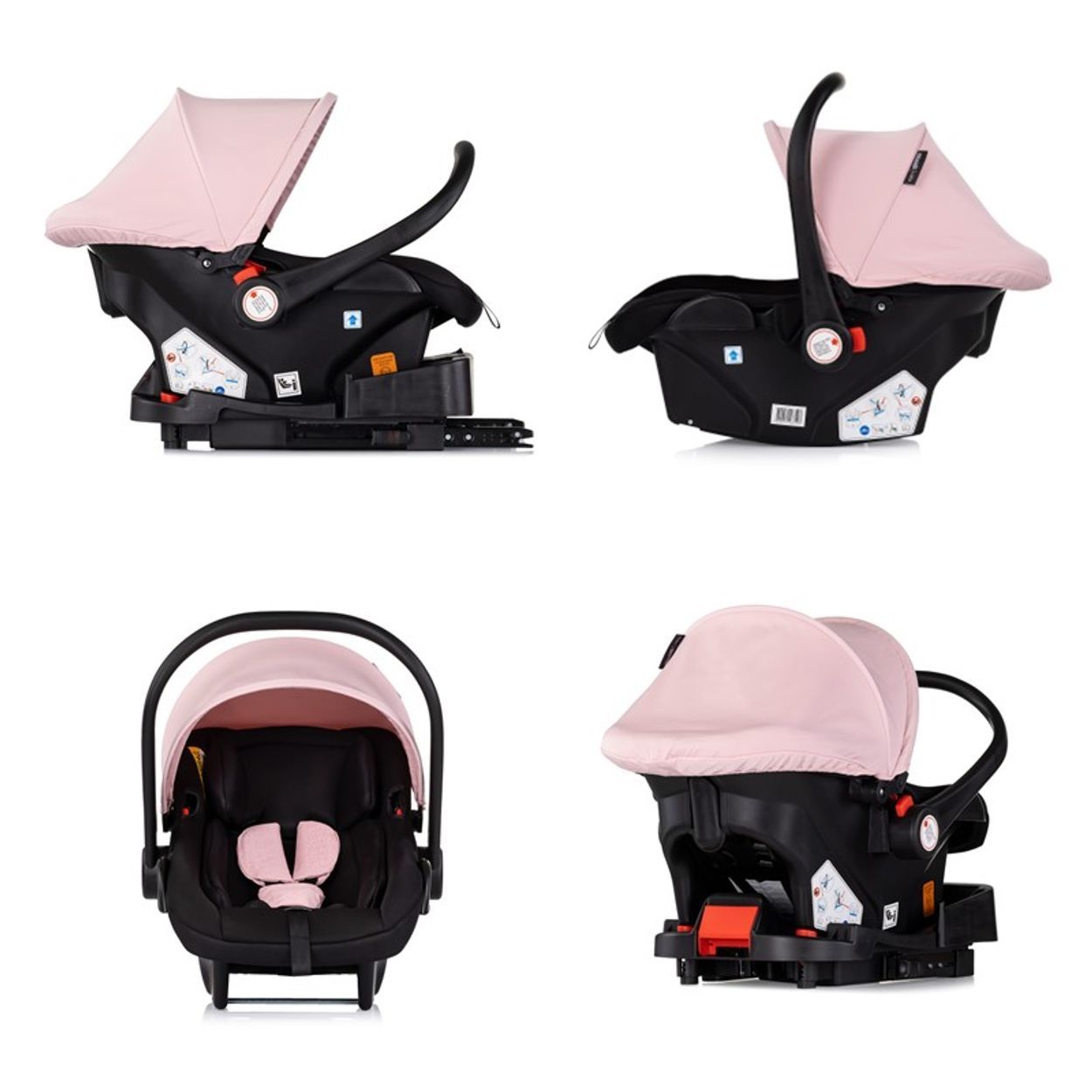 Baby-Autositz mit rosa Verdeck und schwarzer Basis. Mehrere Ansichten.