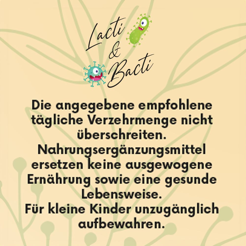 Text mit Warnhinweisen für BONAVAL Lacti & Bacti. Nicht überdosieren. Nahrungsergänzungsmittel ersetzen keine ausgewogene Ernährung. 