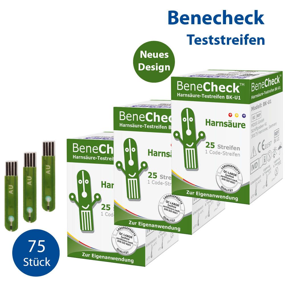 Drei Schachteln und Teststreifen. Aufdruck: BeneCheck Harnsäure-Teststreifen, 25 Streifen, Zur Eigenanwendung. Grün-weiße Verpackung.