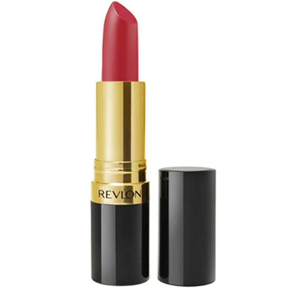 Revlon Lippenstift, rot. Schwarzer und goldfarbener Schaft, schwarze Kappe. Produktname sichtbar.