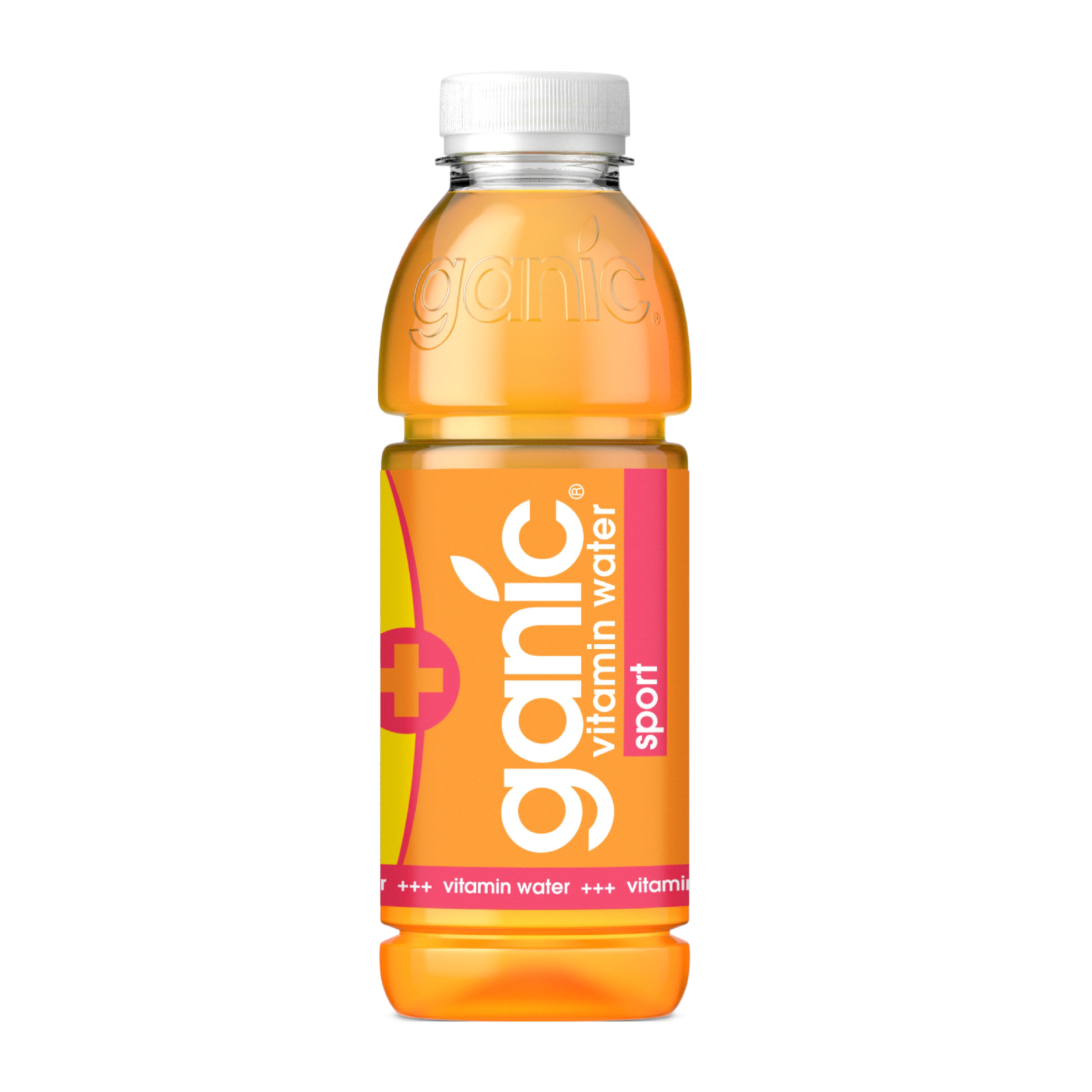 Ganic Vitaminwater Sport Flasche. Orangefarbene Flüssigkeit, weißer Deckel. Aufschrift: Ganic, Vitamin Water Sport.