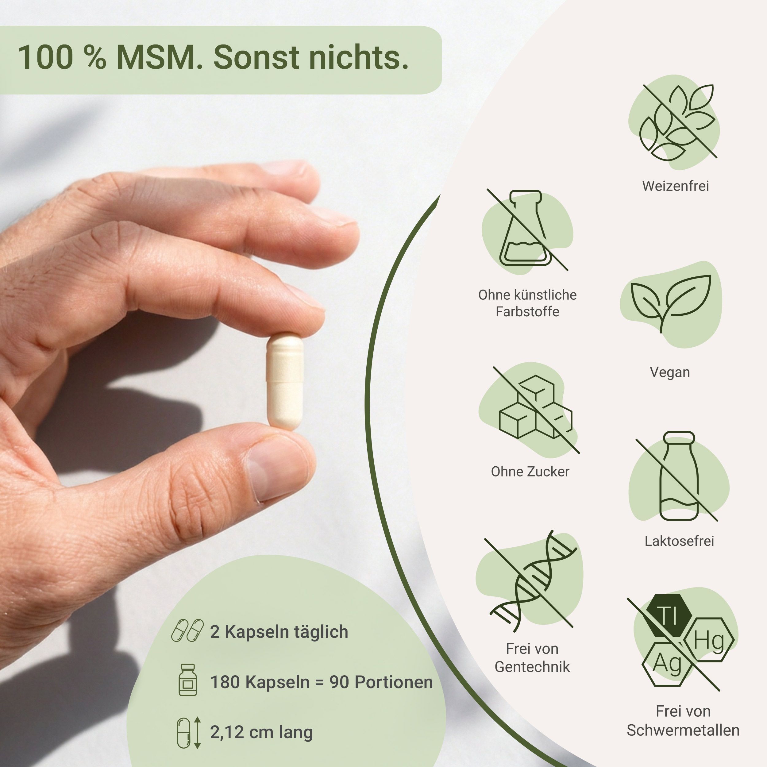 Eine Hand hält eine einzelne MSM-Kapsel. Rechts Icons für "Weizenfrei", "Vegan", "Laktosefrei".