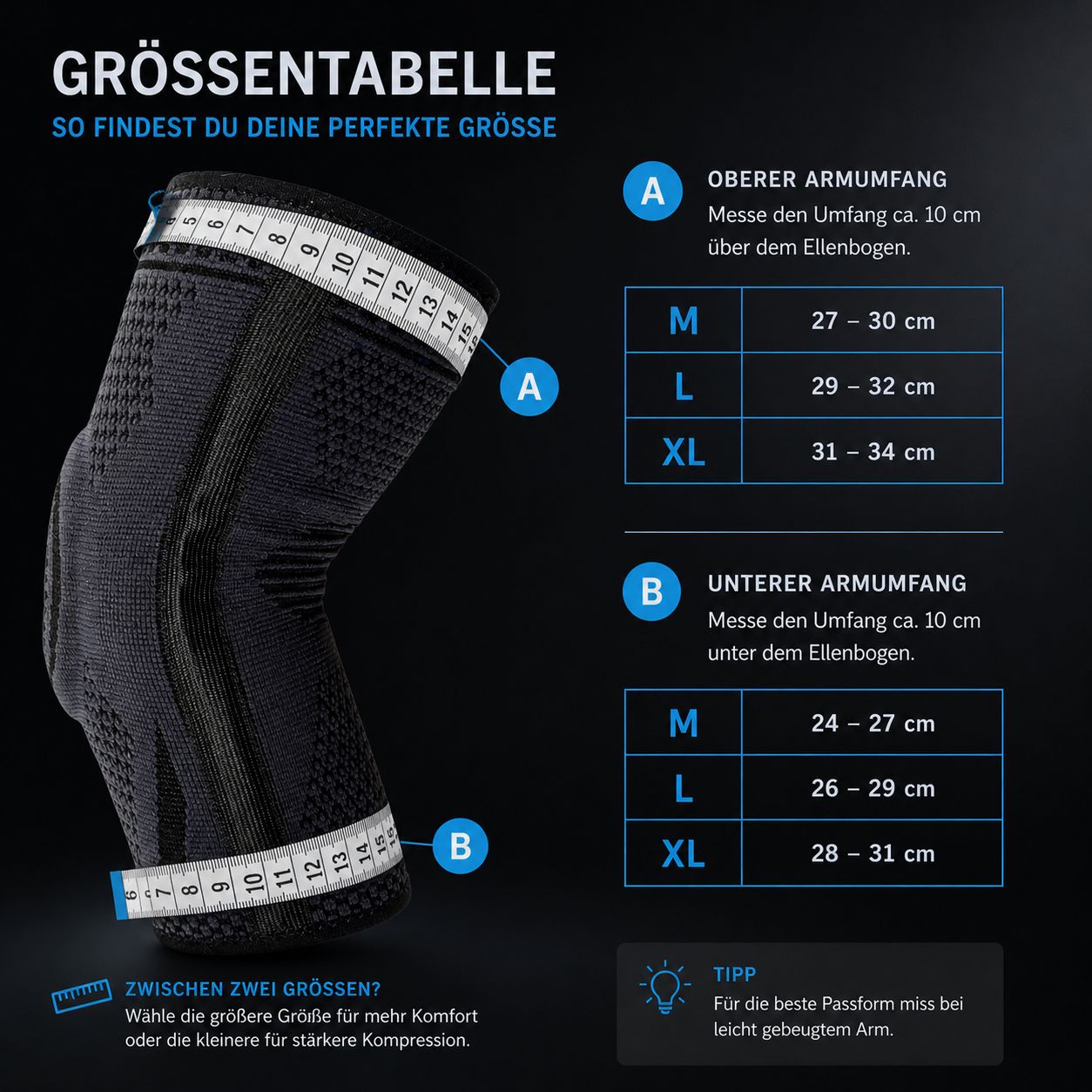 Größentabelle für Ellenbogenbandage. Maße in cm für Ober- und Unterarmumfang. Größen: M, L, XL. Messanleitung mit Maßband.