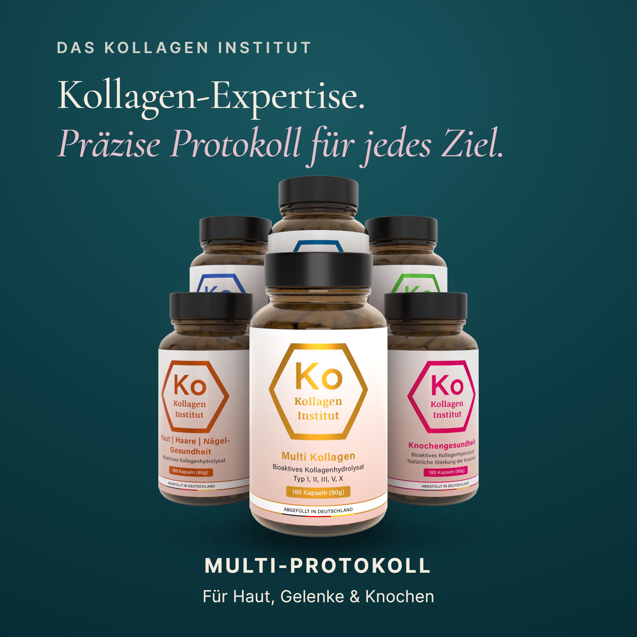 Fünf Flaschen Kollagen Institut Multi Kollagen Kapseln in verschiedenen Farben.