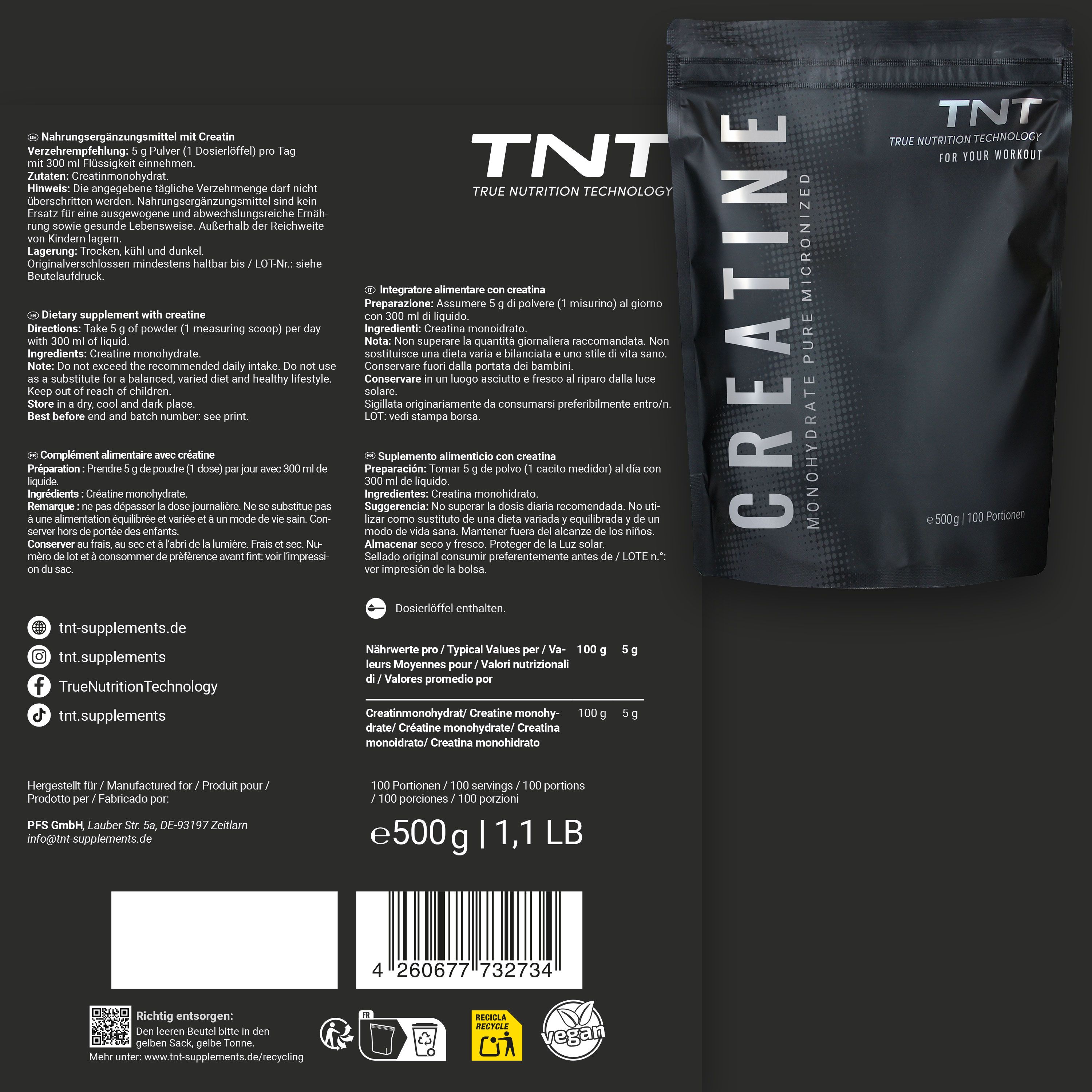 Verpackung mit "TNT Creatine". Enthält 500g, 100 Portionen. Informationen zu Inhaltsstoffen und Nährwerten.
