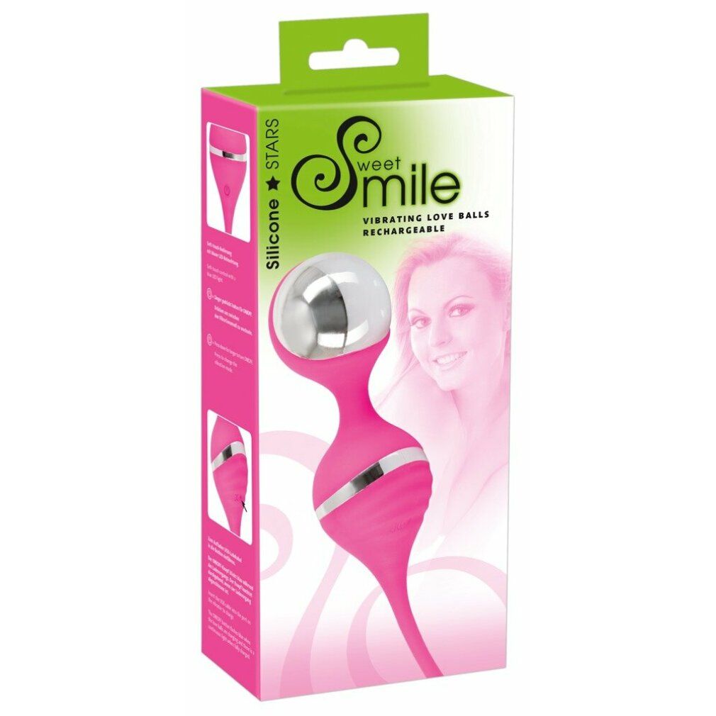 Verpackung mit rosa Vibrationskugel. Text: Sweet Smile, Vibrating Love Balls, Rechargeable.