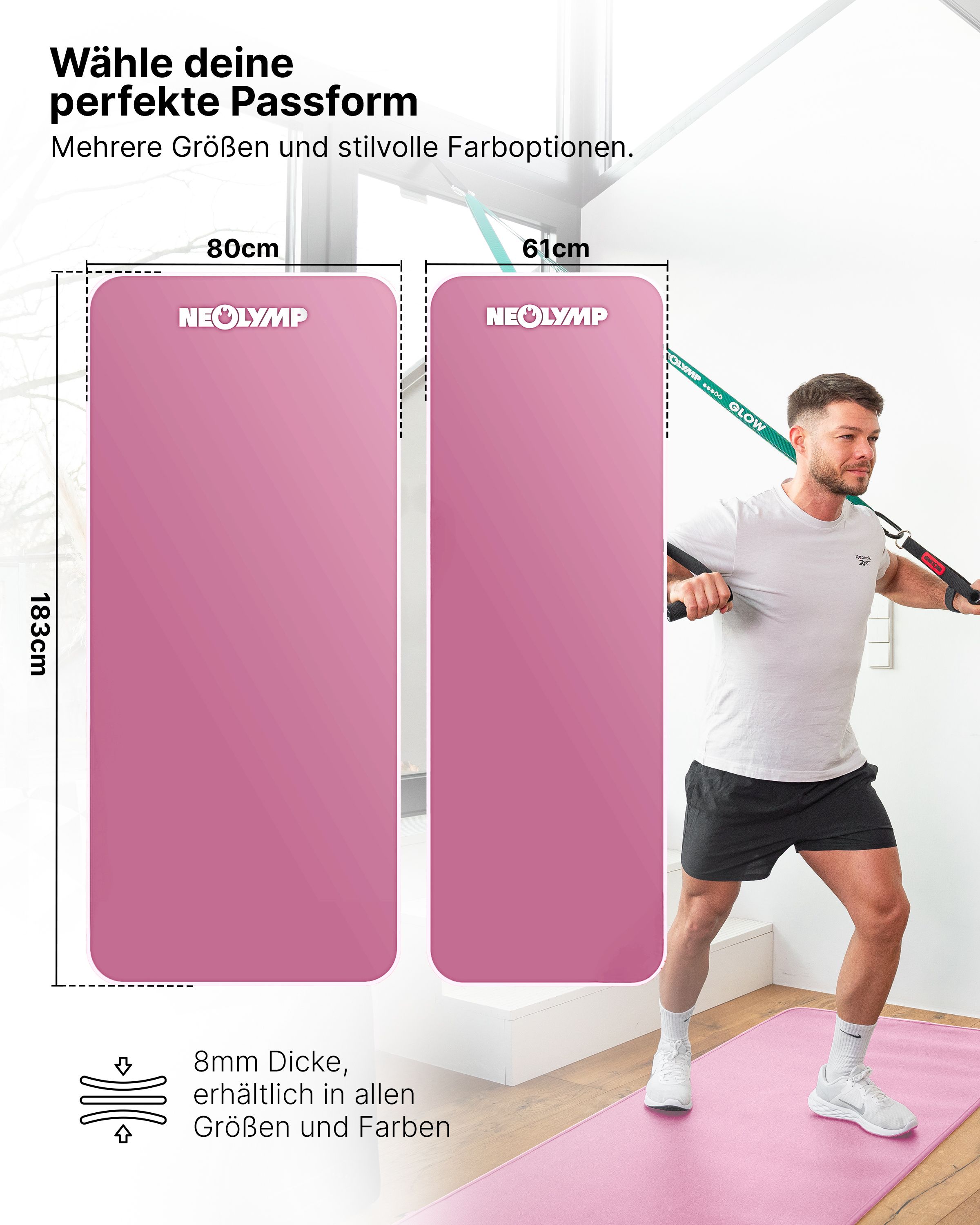 Fitnessmatten in 80cm und 61cm. Mann trainiert mit Widerstandsbändern. 8mm Dicke.
