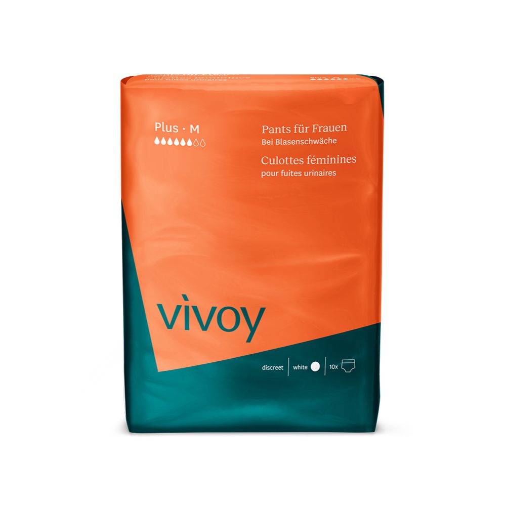 Verpackung Vivoy Inkontinenz Pants für Frauen. Orange-weiß. Plus M, 10 Stück. Text: Pants für Frauen, Culoettes féminines.