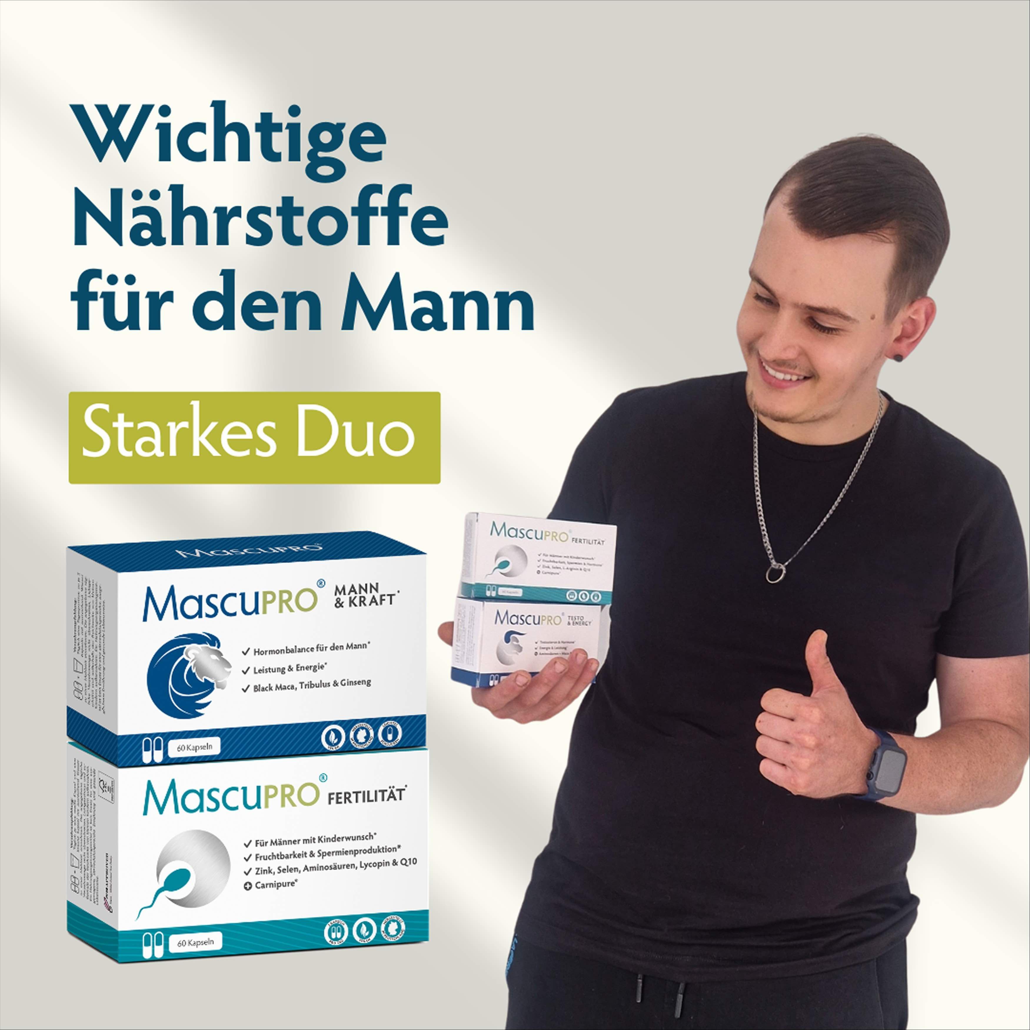Mann hält zwei MascuPRO®-Packungen. Enthält Informationen zu wichtigen Nährstoffen für den Mann und Fertilität.