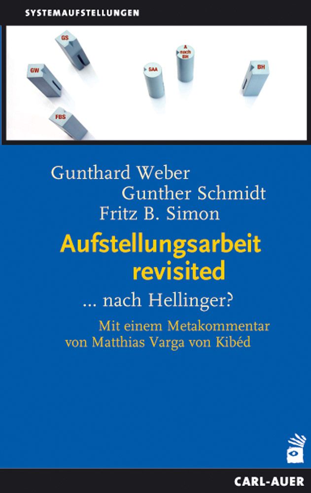 Buchcover mit Titel "Aufstellungsarbeit revisited". Autoren: Weber, Schmidt, Simon. Blaue Schrift auf blauem Hintergrund.
