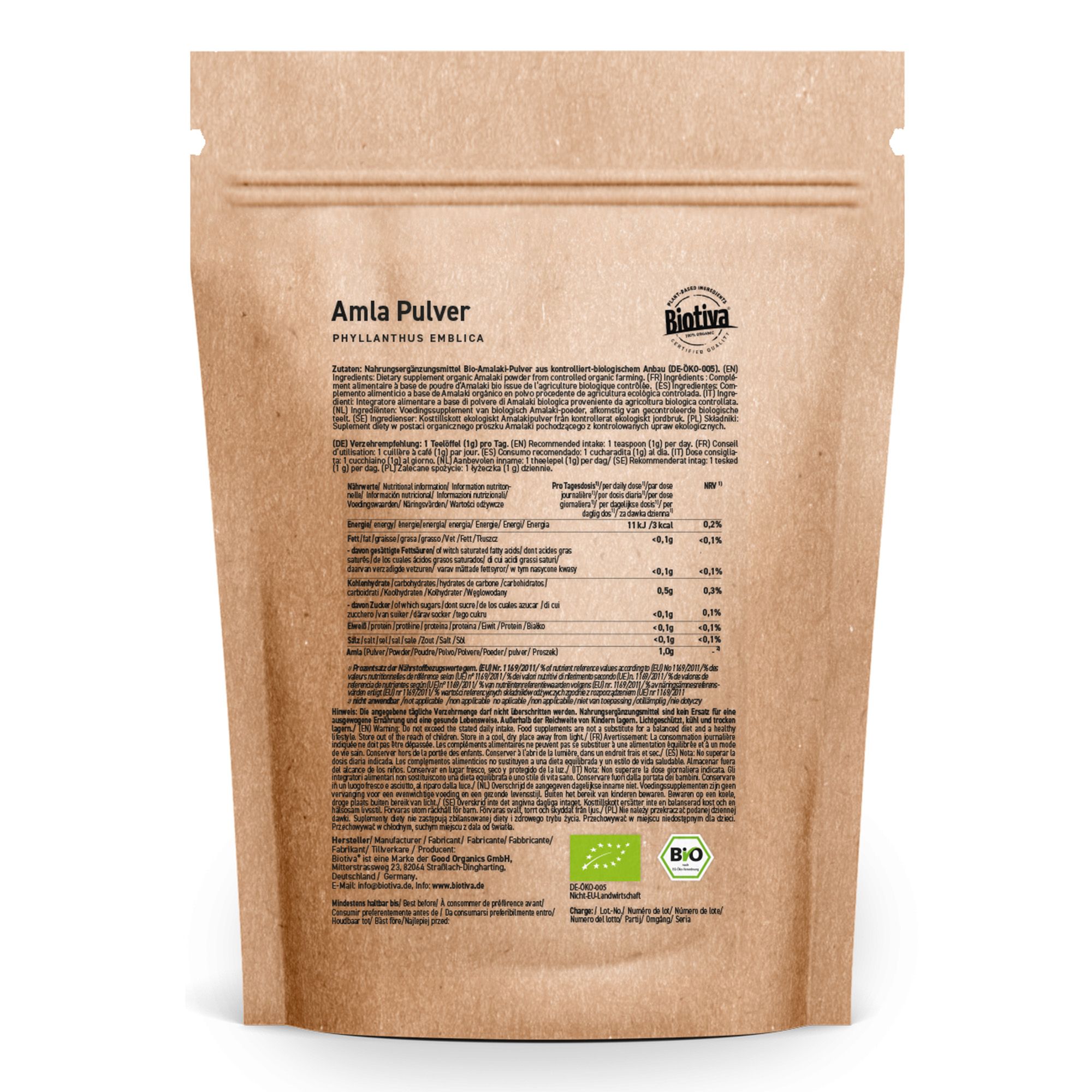 Braune Papierverpackung mit Biotiva Amla Pulver. Rückseite mit Text und Bio-Siegel. Text: Amla Pulver, Phyllanthus emblica.