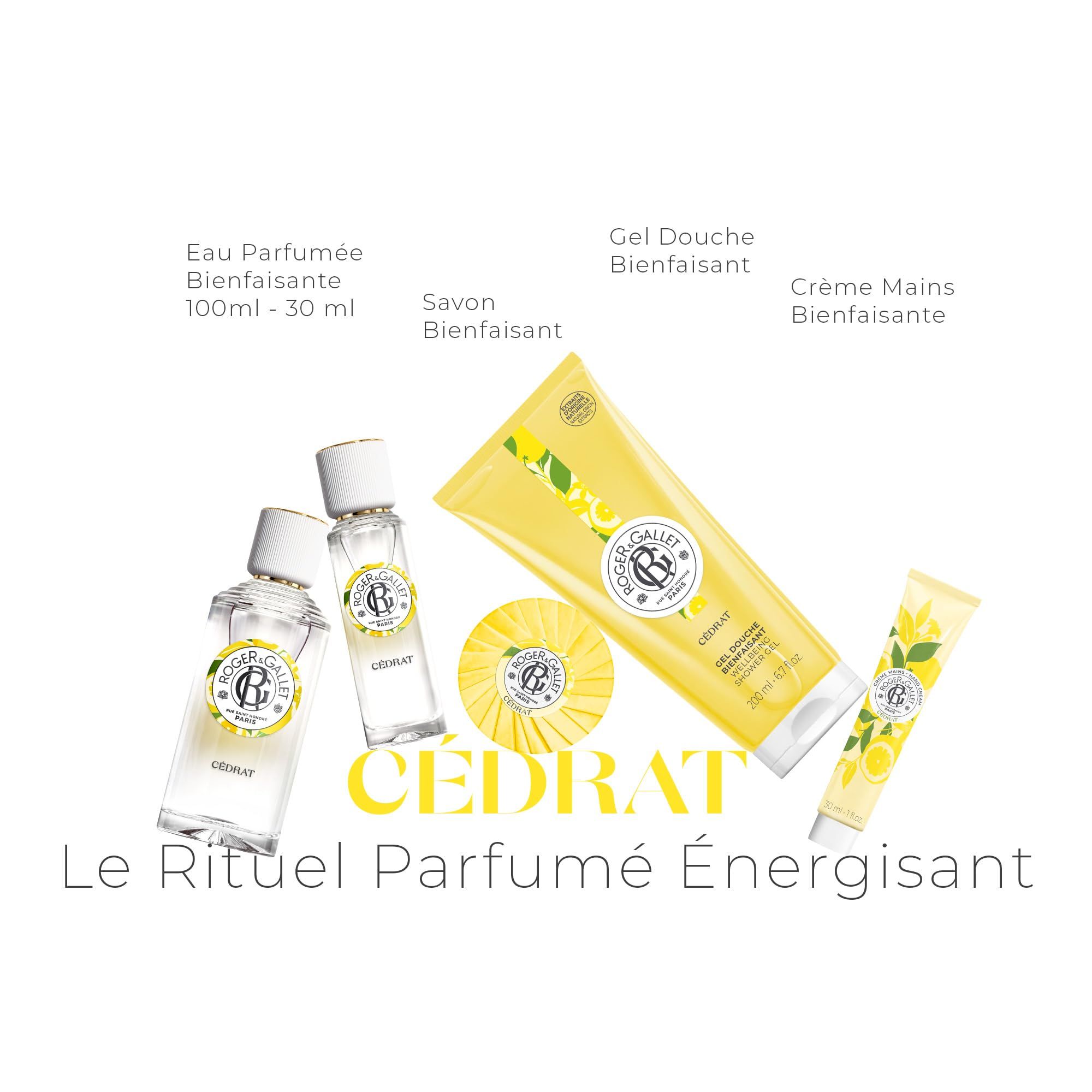 Verschiedene Cédrat-Produkte: Eau Parfumée, Seife, Duschgel, Handcreme. Text: Le Rituel Parfumé Énergisant.