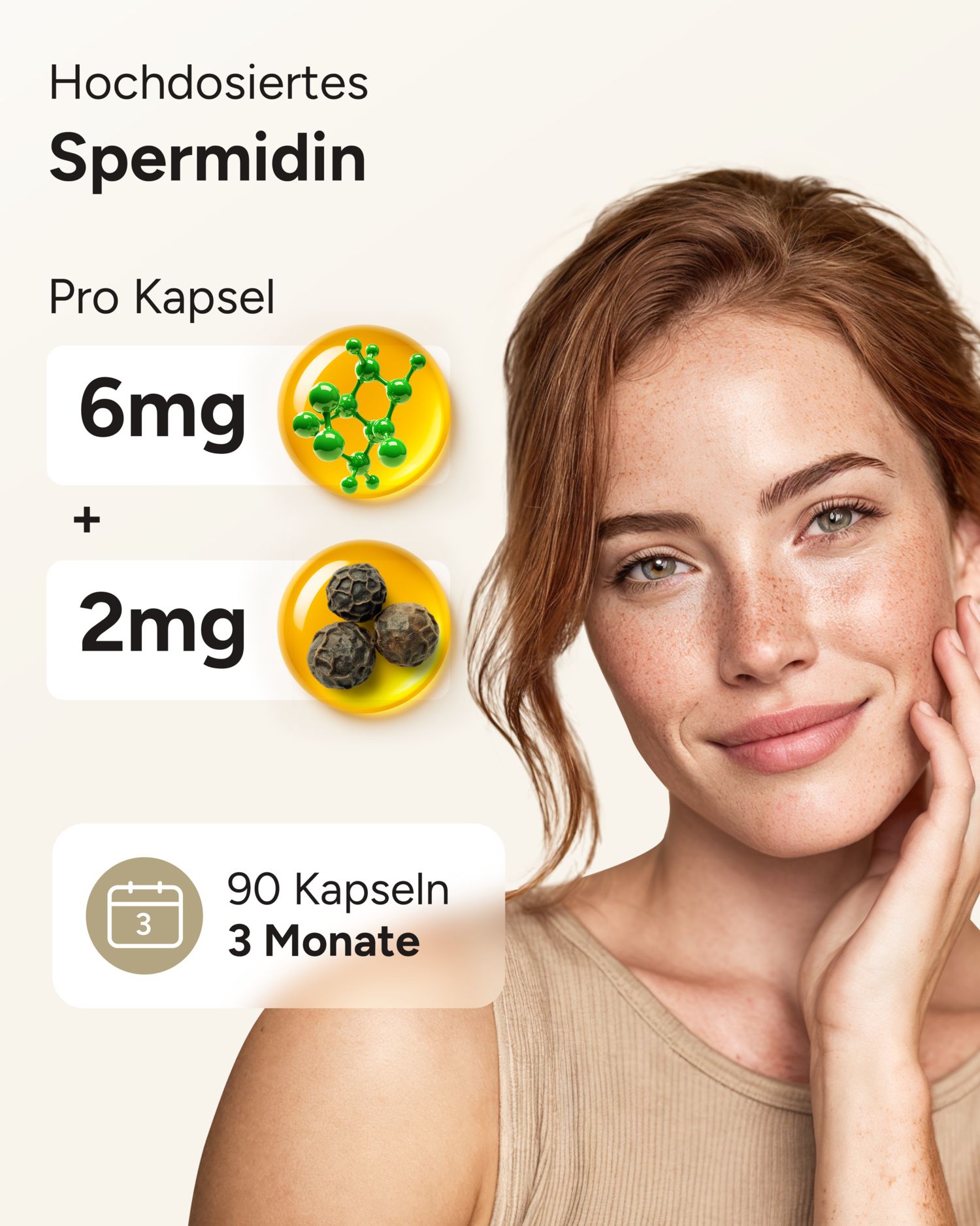 Frau mit Spermidin-Kapseln. 6mg Spermidin + 2mg Pfeffer pro Kapsel. 90 Kapseln für 3 Monate.