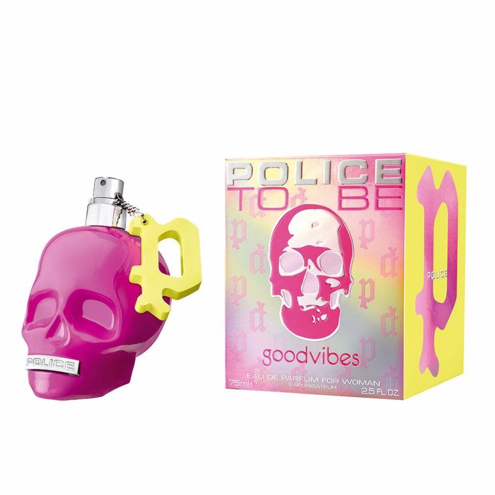 Pinke Totenkopf-Parfümflasche mit gelbem Anhänger und passender Schachtel.